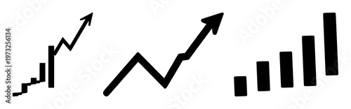 Stock candlestick chart icon set with upward trend silhouette against white backdrop featuring finance, trading, markets with line art and minimalist design