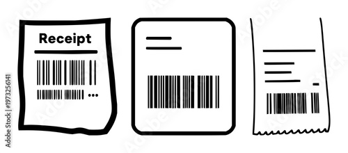 Digital receipt icon set with solid black digitized symbol on white background featuring barcode, e-receipt logo, payment code with line art and vector illustration