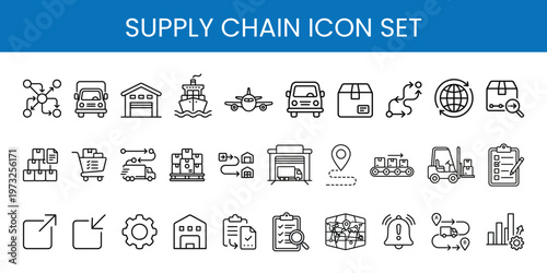 Supply Chain Icon Set. Logistics, Truck, Warehouse, Drone, Shipping Line Vector