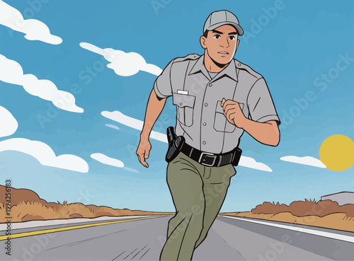 Police Officer Running on Desert Highway