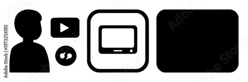 Telehealth video call set with solid black icon on white background featuring video call, telemedicine, health technology with black and white and medical