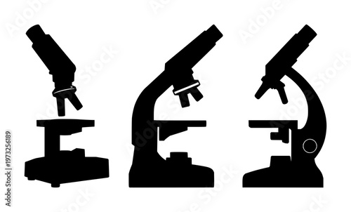 Laboratory microscope set with solid black icon on white background featuring microscope, optics, research with biomedical and science