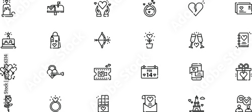 Modern Romantic Love and Valentine's Day Celebration Outline Icon Set