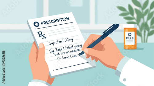 A doctor's hand is shown writing a prescription, symbolizing the provision of medical treatment and care. This is a clean and clear Flat Design illustration of a common medical action.