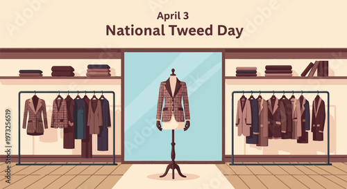 An illustration of a clothing store interior celebrating National Tweed Day, featuring a mannequin in a tweed jacket and racks of apparel.