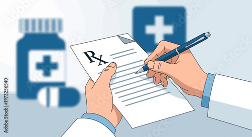 A doctor's hand is shown writing a prescription, symbolizing the provision of medical treatment and care. This is a clean and clear Flat Design illustration of a common medical action.