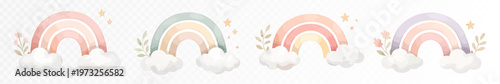Set of minimalist pastel rainbow illustrations with soft clouds and airy boho tones, delicate nursery clipart collection in gentle hand painted watercolor style. Vector illustration.