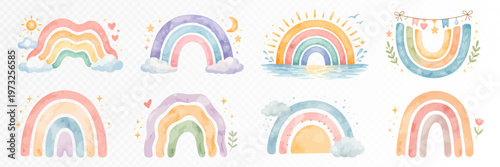 Collection of large pastel rainbow illustrations with clouds, hearts, moon and festive bunting, dreamy nursery clipart set in playful hand painted watercolor style. Vector illustration.