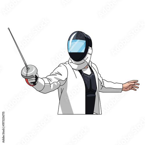 Fencer in protective gear with foil, ready for combat, isolated on white