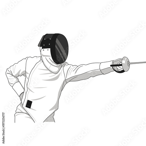 Fencer in protective gear lunging forward with foil sword, action pose, sports illustration