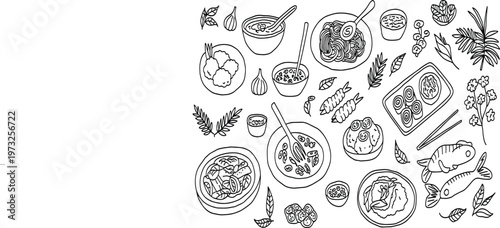 Hand drawn Asian food set, noodles, dim sum and fish, vintage Japanese kitchen vector illustration