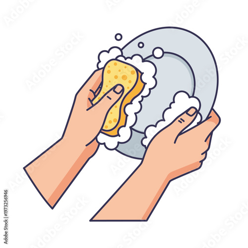 Hands washing a dish with a sponge and soap suds, illustration, hygiene concept