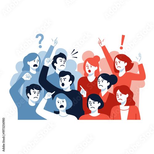 Angry Crowd Divided, Conflict and Protest Concept, Blue vs Red Teams