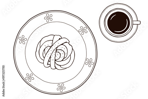 カルダモンロールと紅茶の北欧フィーカセット（線画）