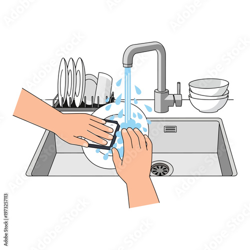 Hands washing dishes in kitchen sink under running water with sponge, drying rack full of plates