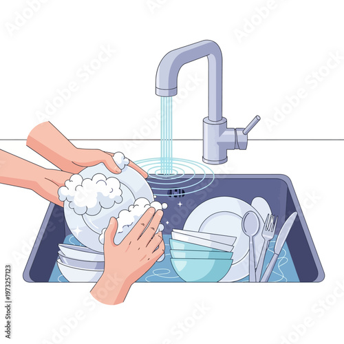 Hands washing dishes in a sink with running water and soap suds, clean crockery