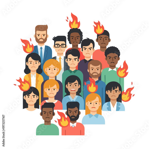 Angry Diverse Crowd with Flames, Anger and Outrage Concept