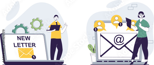 Illustration of receiving a new letter and email notifications on laptops