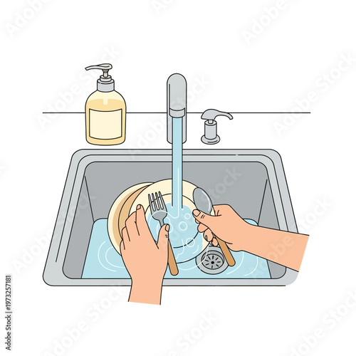 Hands washing dishes in kitchen sink with running water and soap dispenser