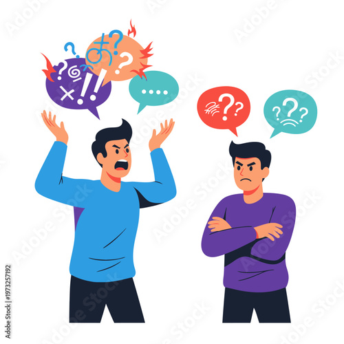 Angry people arguing, conflict and misunderstanding illustration with speech bubbles