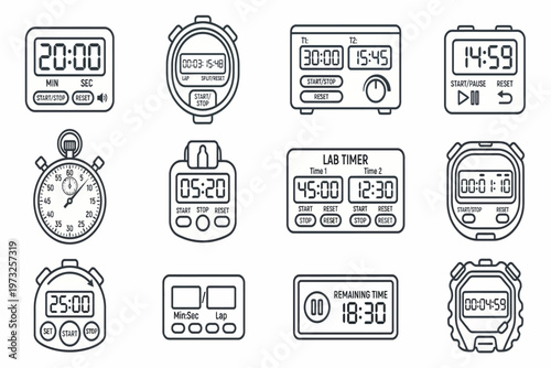 Various electronic devices display different times on screens and watches.