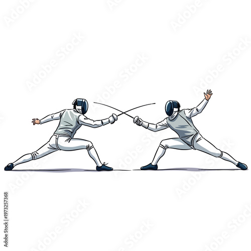 Fencers in Combat: Two athletes engaged in a fencing duel, sword fighting competition.