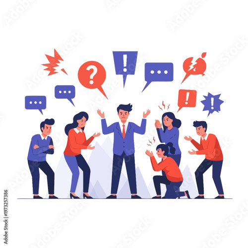 Business conflict, team argument, communication breakdown, stressful meeting, diverse people arguing