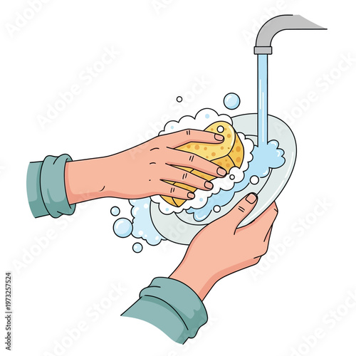 Hands washing dishes with a sponge under running water and soap bubbles