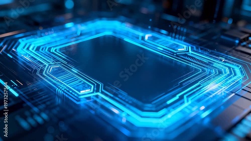 Blue neon polygonal frame structure with circuit patterns in dark space