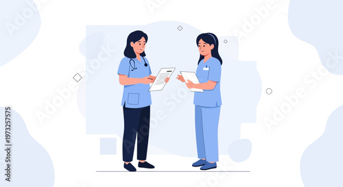 Two nurses in blue uniforms discussing medical documents, flat illustration