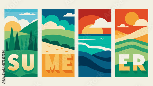 Summer landscape icons, colorful scenic posters, vector graphics