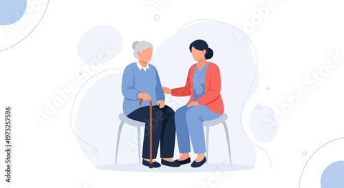 Caregiver comforting elderly woman with cane, seated, illustration