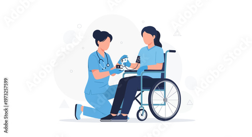 Nurse checks blood pressure of patient in wheelchair, healthcare concept