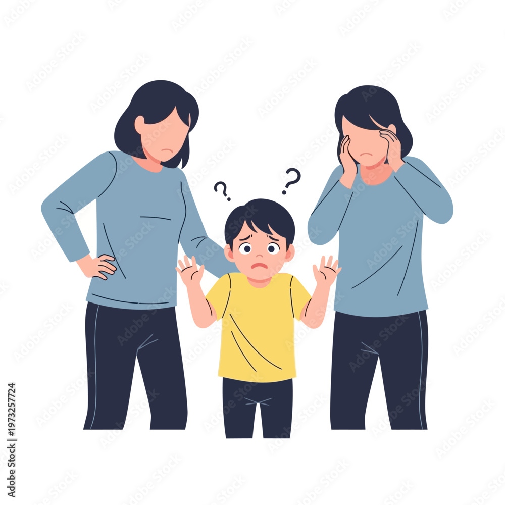 Fototapeta premium Confused Child Between Two Worried Parents, Family Conflict, Stress, Anxiety