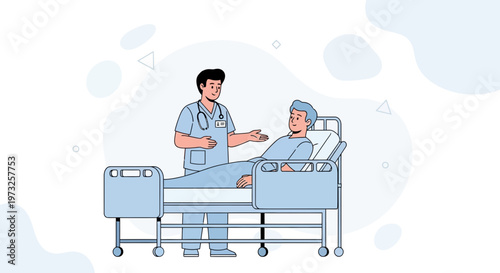 Doctor Talking to Patient in Hospital Bed, Medical Care Illustration
