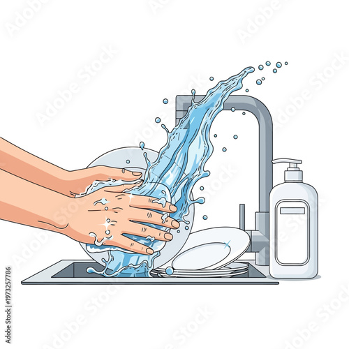 Hands washing dishes with splashing water in a kitchen sink, soap dispenser nearby