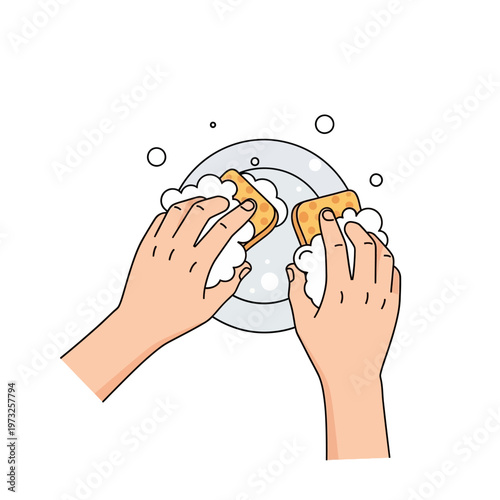 Hands washing dishes with sponges and soap bubbles, hygiene and cleaning concept