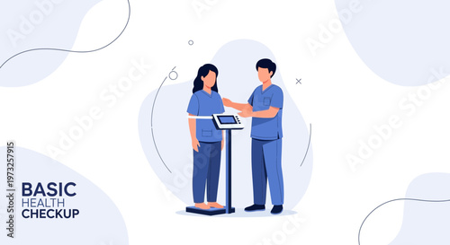 Doctor weighing patient on scale for health checkup, medical examination concept