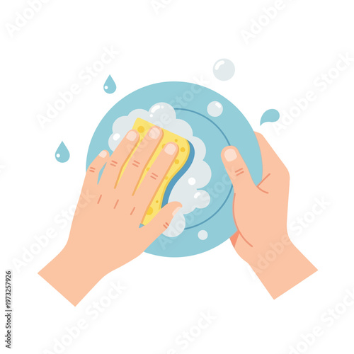 Hands Washing Plate with Sponge and Soap Bubbles