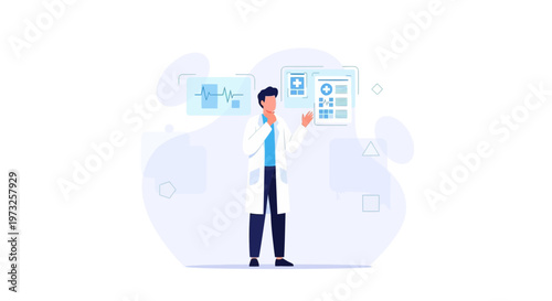 Doctor using futuristic holographic interface with medical data and heart rhythm