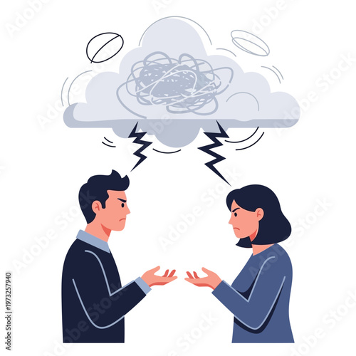 Couple Arguing Under Storm Cloud, Relationship Conflict, Misunderstanding, Stress