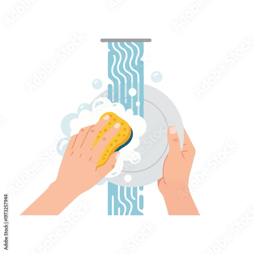 Hands washing plate under running water with soap suds and bubbles, domestic chores