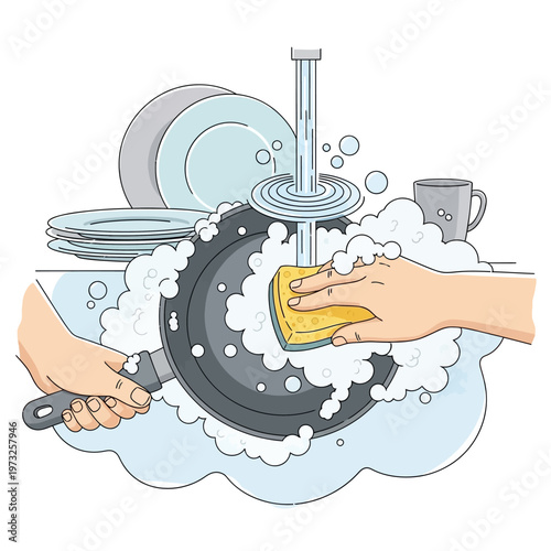 Hands washing dishes, scrubbing frying pan under running water with soap bubbles and sponge