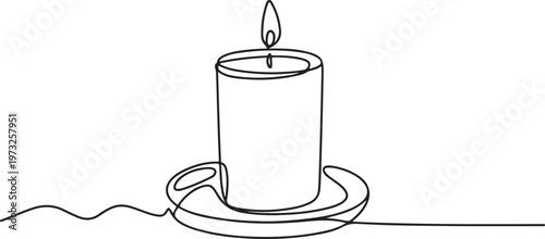 Minimalist continuous line art portrays a lit candle on a saucer, its flickering flame symbolizing warmth, hope, and peaceful contemplation in a clean, elegant graphic design