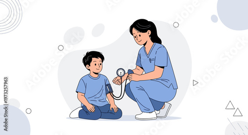 Nurse checks child's blood pressure, healthcare, medical checkup, doctor and patient