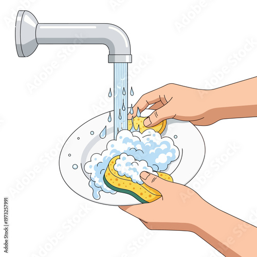 Hands Washing Plate with Sponge Under Running Water, Soap Suds