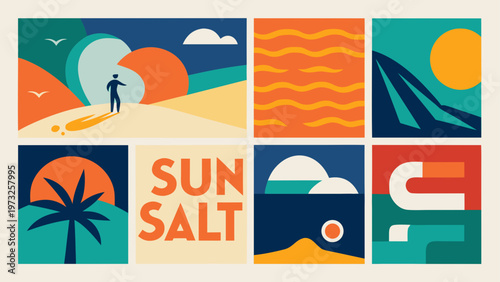 Vibrant beach, summer icons, sun salt vector graphics