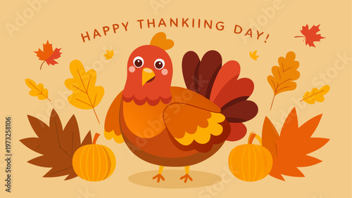 Thanksgiving Day, Turkey, Fall Leaves, Pumpkin Vector