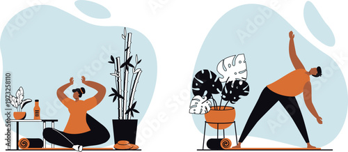 Balancing mindfulness and dynamic yoga poses in a serene indoor setting