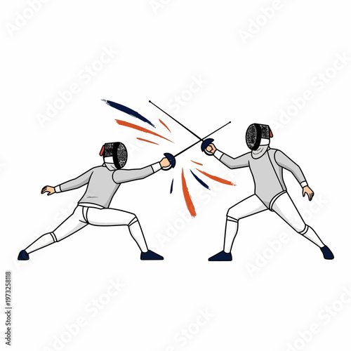 Two Fencers in Action, Clashing Swords, Competitive Sport Illustration